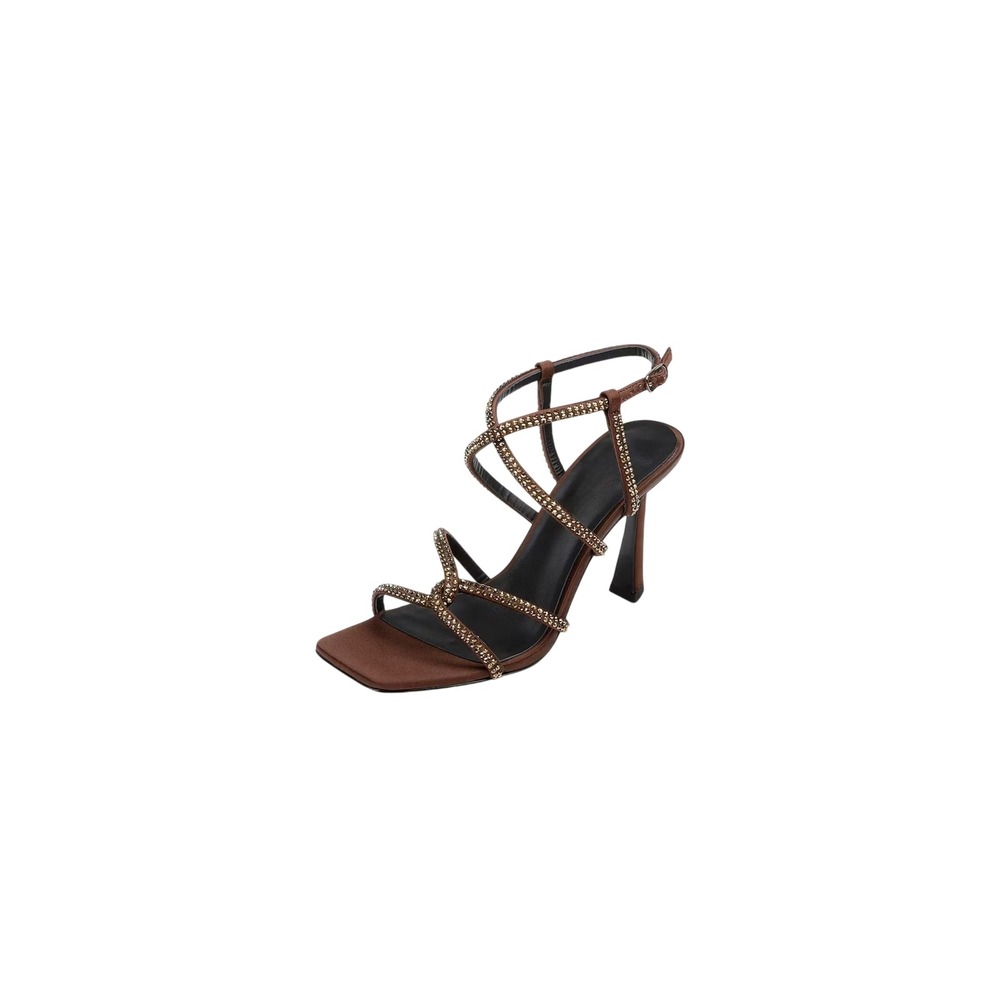 Badgley Mischka‎ Brown Satin Crystal Strappy Sandals Square Toe Heels Womens 8